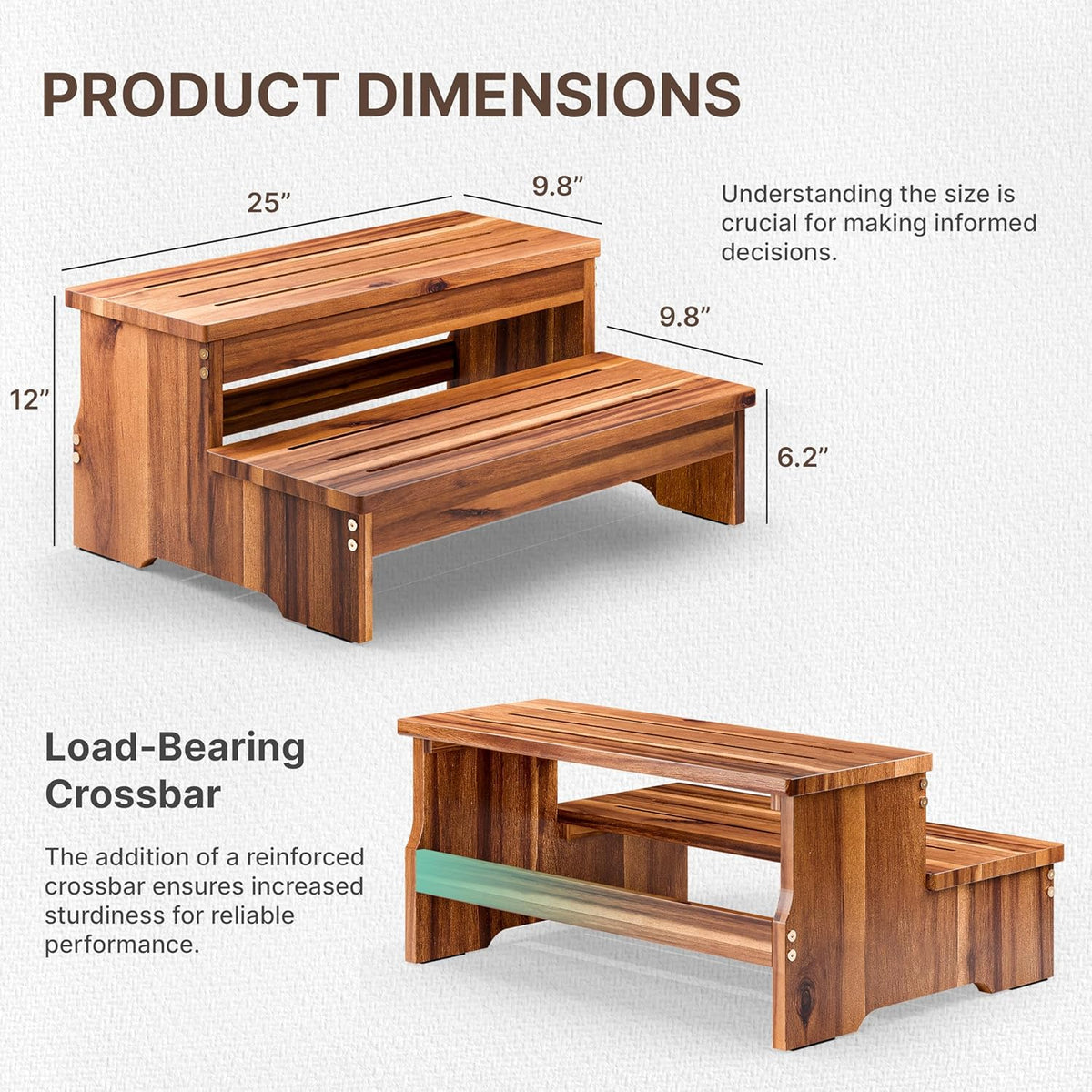 TINAMO 25" Long Step Stool for Adult & Kid - Acacia Wood Two Step Stool 500 Lbs - Wooden Riser 2-Step Spa & Hot Tub Stairs for Pool - Heavy Duty 2 Step Stools for Bed, Kitchen,Outdoor (Patent Pending)
