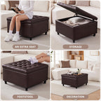 30" Large Square Ottoman with Storage, Leather Ottoman Coffee Table, Brown | Tufted Upholstered Ottoman for Living Room, Oversized Square Storage Ottoman for Bedroom and Entryway, Solid Wood Frame