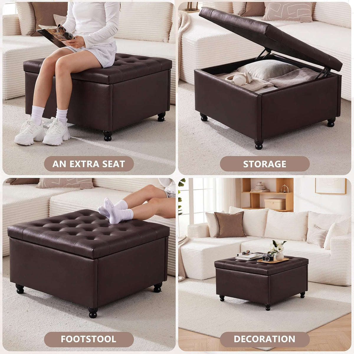 30" Large Square Ottoman with Storage, Leather Ottoman Coffee Table, Brown | Tufted Upholstered Ottoman for Living Room, Oversized Square Storage Ottoman for Bedroom and Entryway, Solid Wood Frame