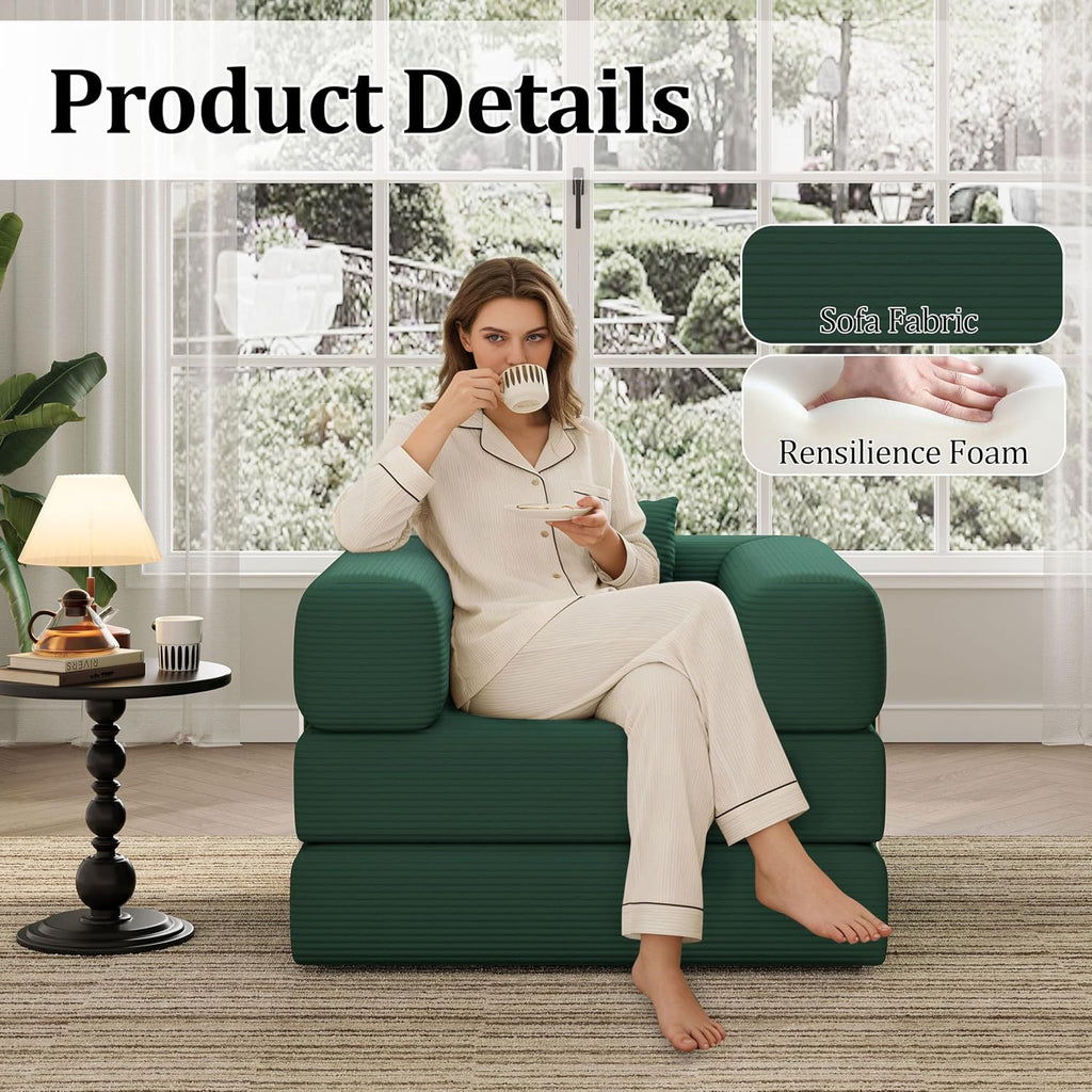 Single Couch Sofa for Small Spaces, 2-in-1 Single Sofa with Soft Corduroy Foldable Chair Lounger Sleeper Sofas for Small Apartment, Living Room, Home Office (Green, 35.43" Single Sofa)