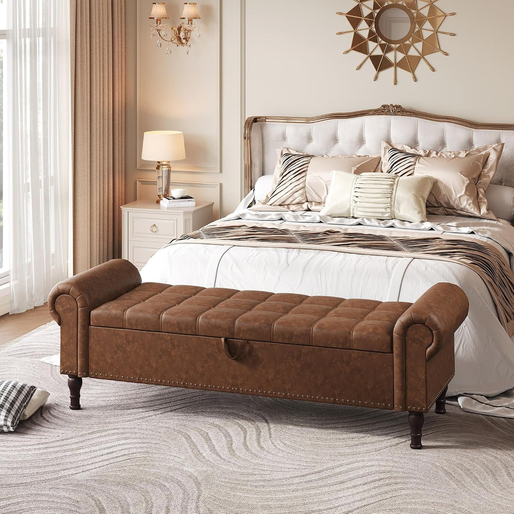 YOUDENOVA 60" Entryway Bench with Storage, PU Leather End of Bed Bench with Tufted Button, Upholstered Ottoman Bench with Rolled Arms for Living Room, Storage Room, Bedroom, Brown