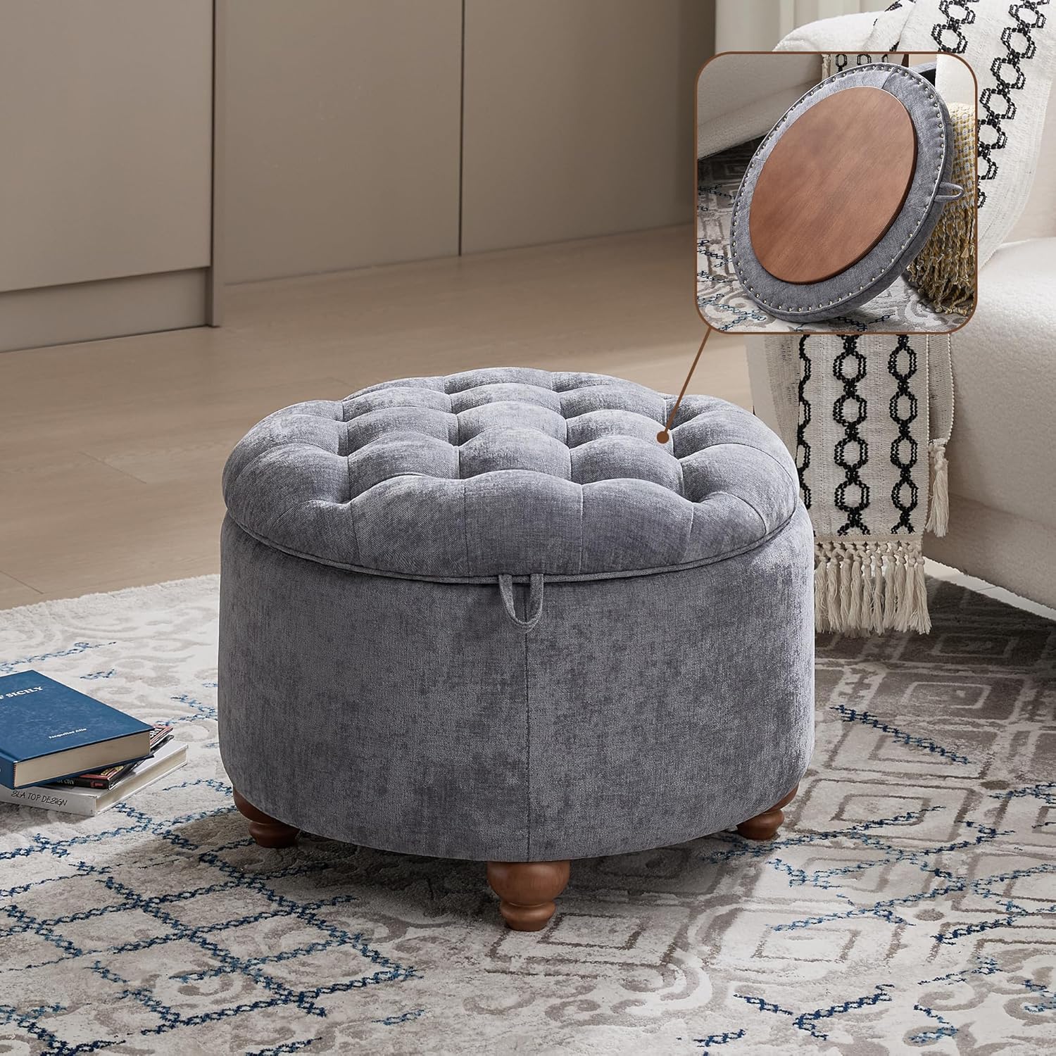WUTUTUEE 24Inch Round Storage Ottoman with Tray, Modern Tufted Circle Coffee Table with Storage, Upholstered Ottoman with Removable Top for Living Room, Bedroom, Chenille Blue