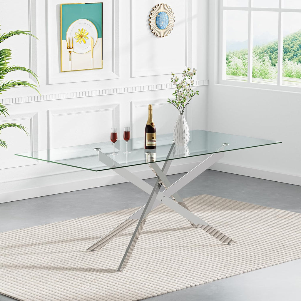 SSLine Modern 5-Piece Glass Dining Table Set for 4 Luxury Rectangle Glass Kitchen Table and Chair Set for 4, 61" Long Dining Room Tables with 4 Gray Tufted Chairs for Kitchen Home Office
