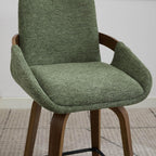 26" Swivel Counter Height Bar Stools Set of 3, Moss Green | Walnut Bentwood Back, Linen-Texture Fabric, Mid-Century Modern Style, 360° Swivel, 350 LBS Weight Capacity