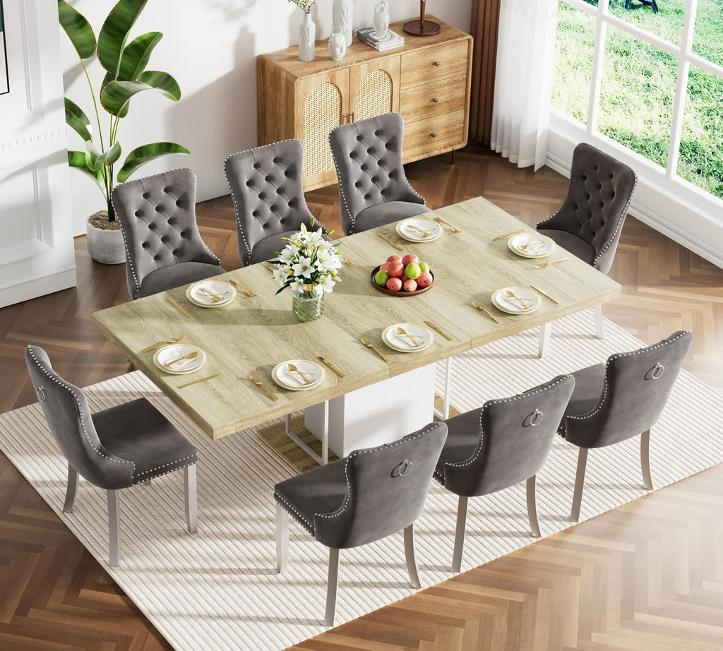 78.7" Farmhouse Extendable Dining Room Table Set for 8, 9-Piece Rectangle Kitchen Dining Table Set with Wood Base and 8 Grey Velvet Dining Chair, Extending Kitchen & Dining Table Set