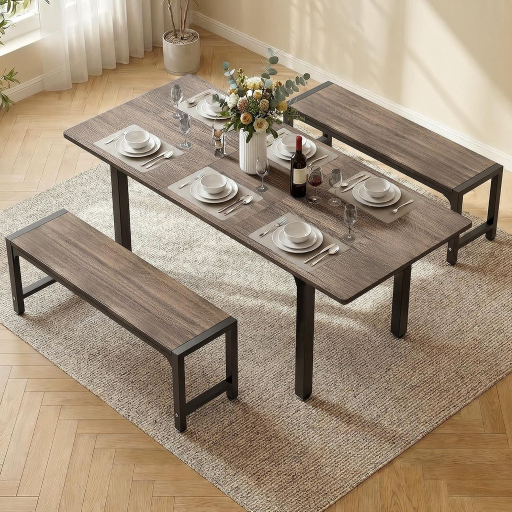 Ahomly 63“ Extendable Dining Table Set with 180° Smart-Flip Pivot, Gray | Dining Table Set for 4,Kitchen Table with Bench,Small Dining Table,Perfect for Small Space,Dinner Room Table Set for 6