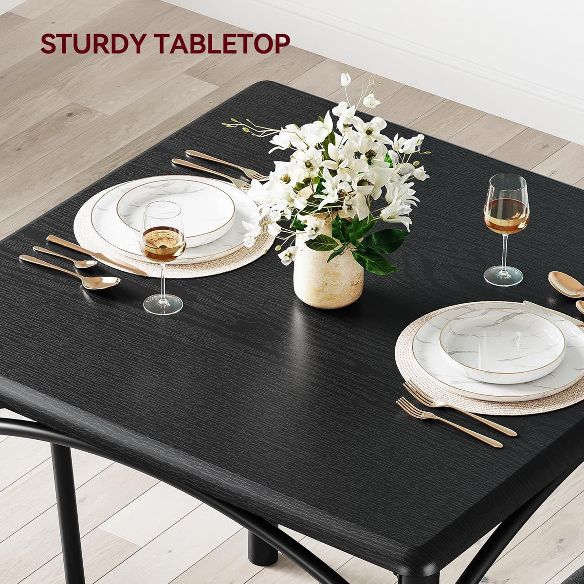 3-Piece Dining Table Set for 2, Kitchen Table Set with 2 Upholstered Chairs, Square Dining Table Set for Apartment, Studio, Small Space, Black