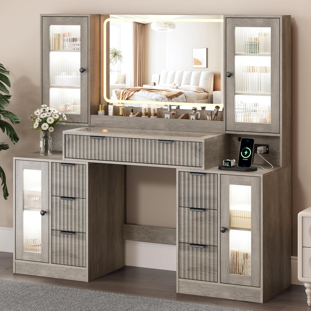 Fluted Vanity Desk with Mirror & Lights | 8 Drawers & 4 Cabinets, Tempered Glass Top, RGB Cabinet Lighting, 3-Color Dimmable Mirror, Charging Station