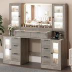 Fluted Vanity Desk with Mirror & Lights | 8 Drawers & 4 Cabinets, Tempered Glass Top, RGB Cabinet Lighting, 3-Color Dimmable Mirror, Charging Station