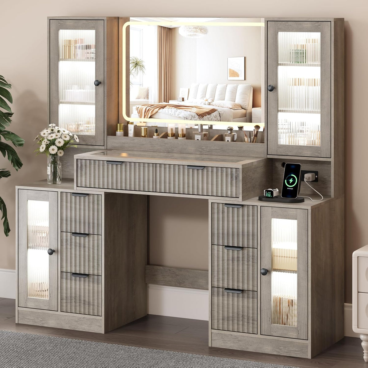 Fluted Vanity Desk with Mirror & Lights | 8 Drawers & 4 Cabinets, Tempered Glass Top, RGB Cabinet Lighting, 3-Color Dimmable Mirror, Charging Station