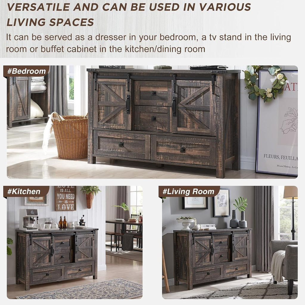 T4TREAM Farmhouse Sideboard Buffet Cabinet with Storage, 31.2'' Tall Kitchen Cabinet with 2 Sliding Barn Doors and 4 Drawers, Rustic Wood Coffee Bar Table for Dining Room, Dark Rustic Oak