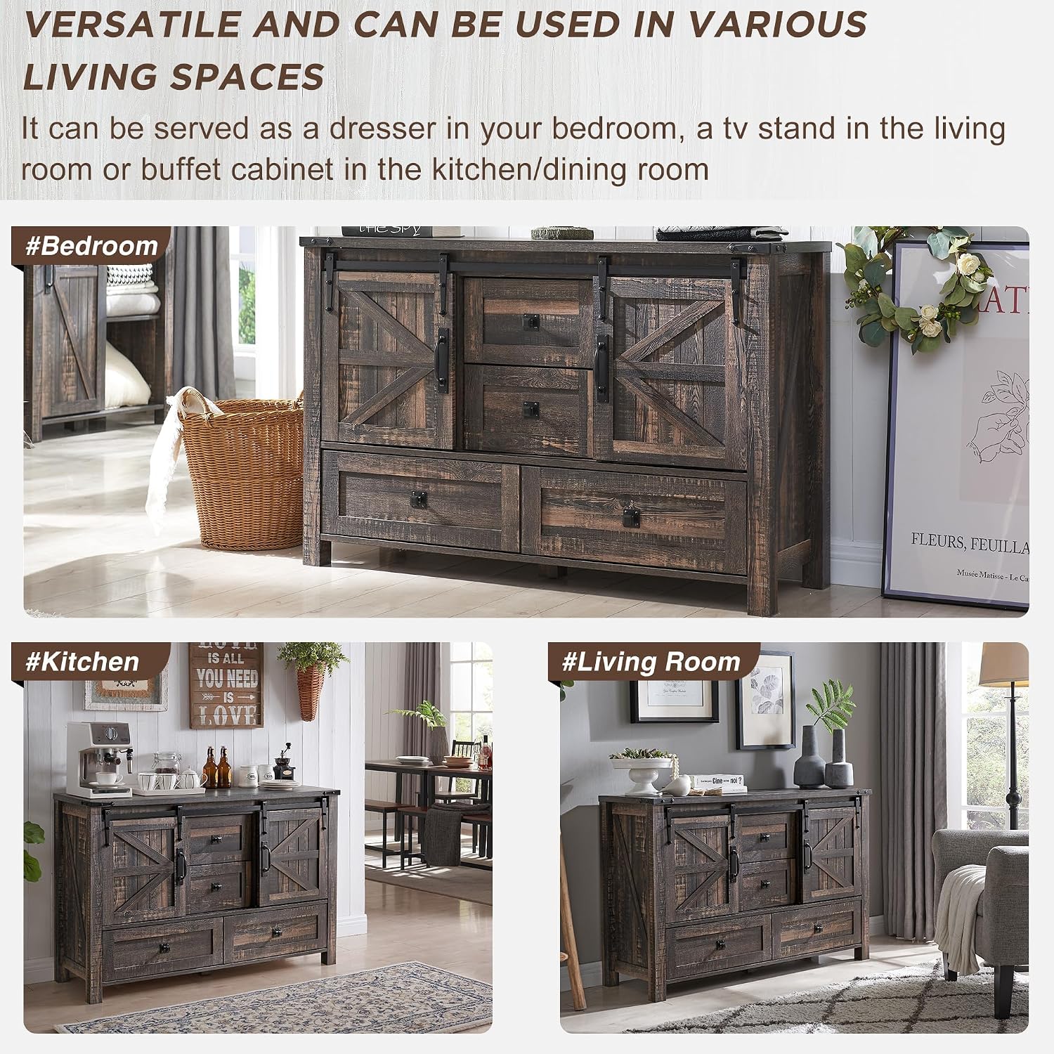 T4TREAM Farmhouse Sideboard Buffet Cabinet with Storage, 31.2'' Tall Kitchen Cabinet with 2 Sliding Barn Doors and 4 Drawers, Rustic Wood Coffee Bar Table for Dining Room, Dark Rustic Oak