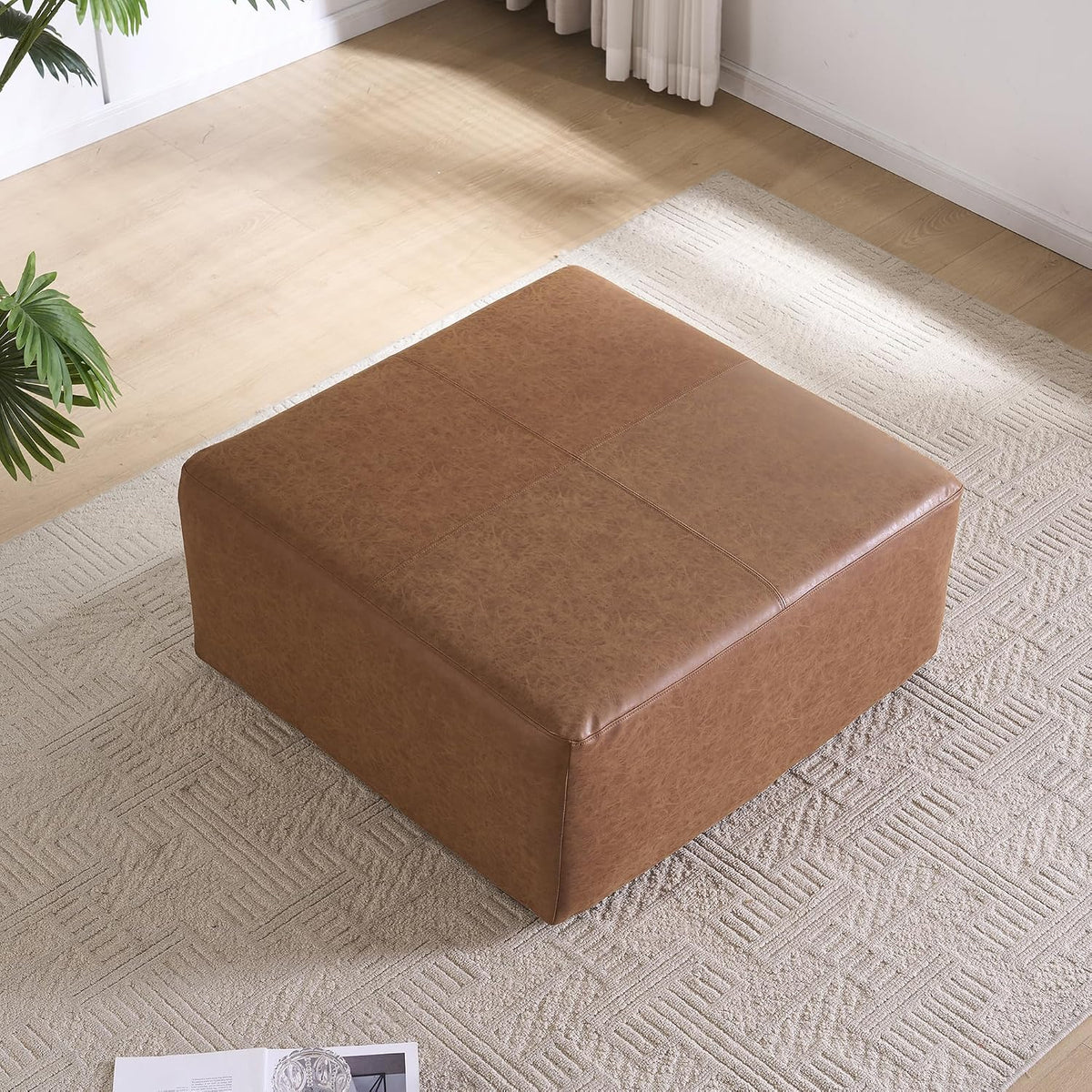 35" Faux Leather Large Square Ottoman Coffee Table for Living Room, Brown | Big Couch Ottoman Footstool