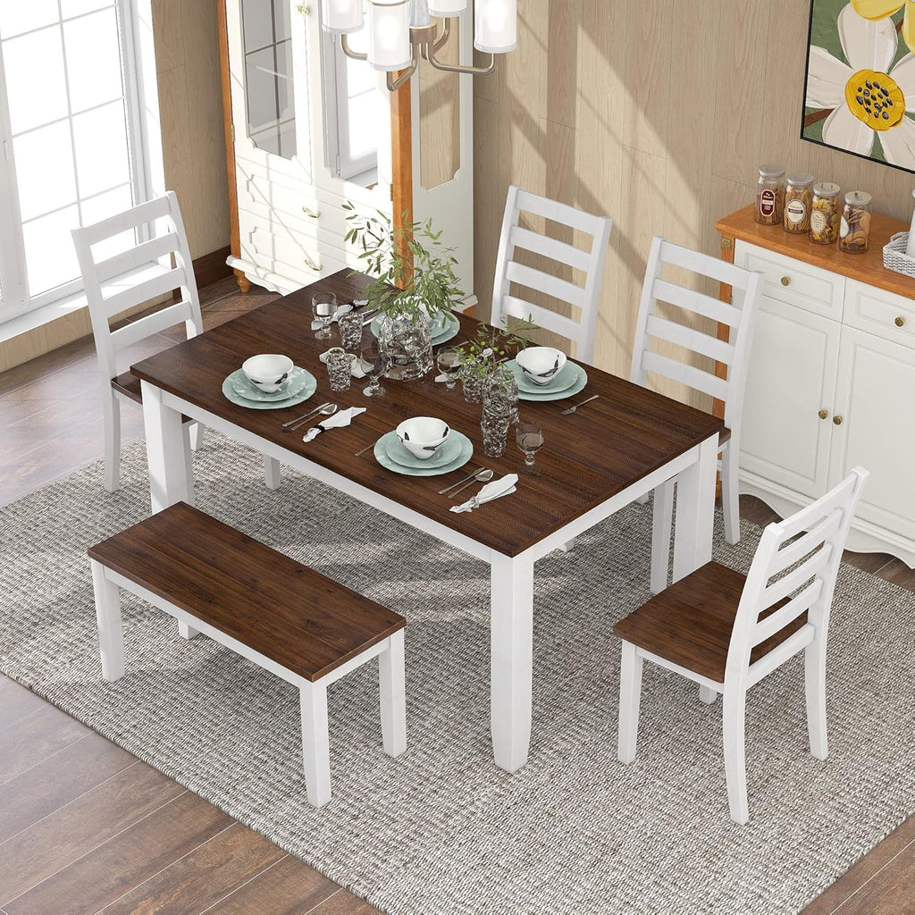 Harper & Bright Designs Rustic 6-Piece Dining Set with Table, 4 Chairs & Bench | Farmhouse Kitchen Table Set with Ergonomic Seating for Dining Room (Walnut + Cottage White)