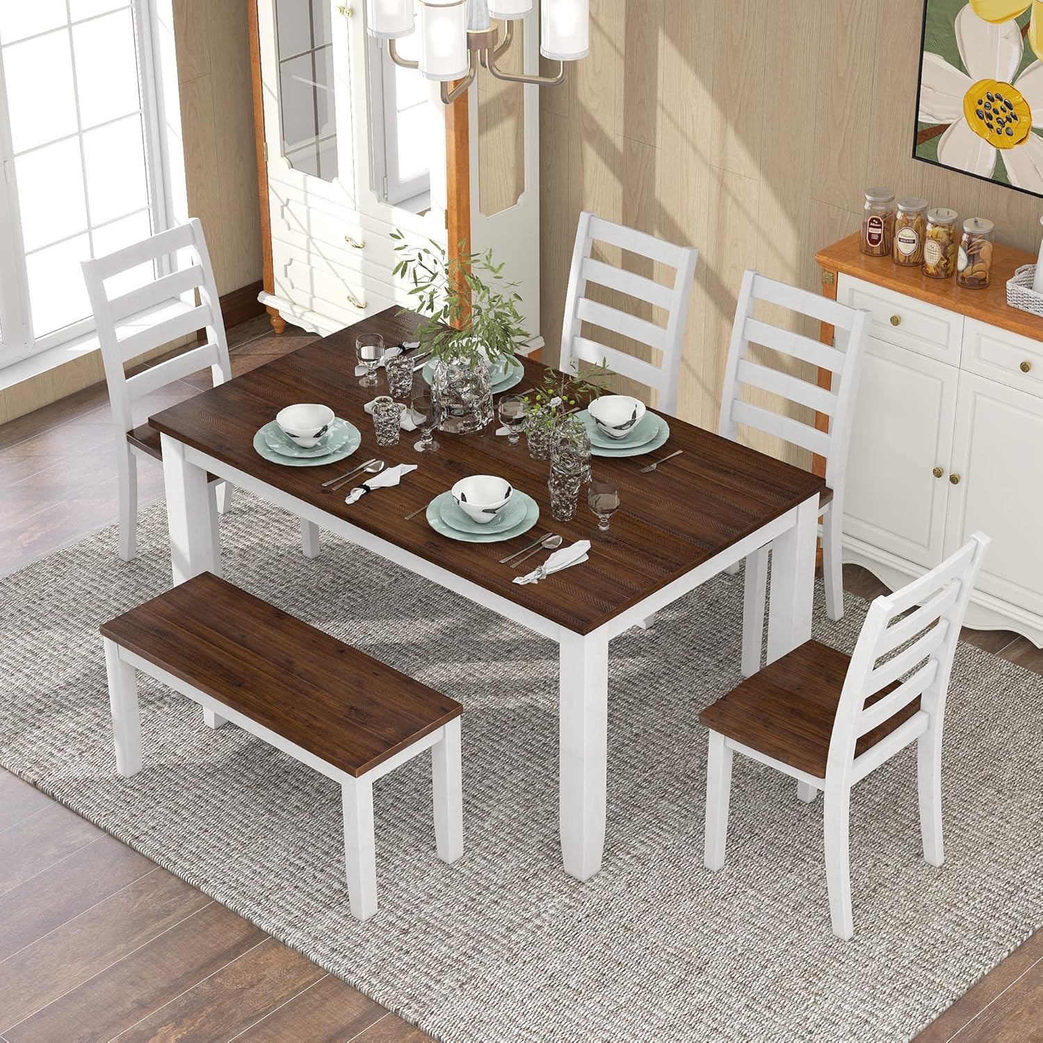 Harper & Bright Designs Rustic 6-Piece Dining Set with Table, 4 Chairs & Bench | Farmhouse Kitchen Table Set with Ergonomic Seating for Dining Room (Walnut + Cottage White)