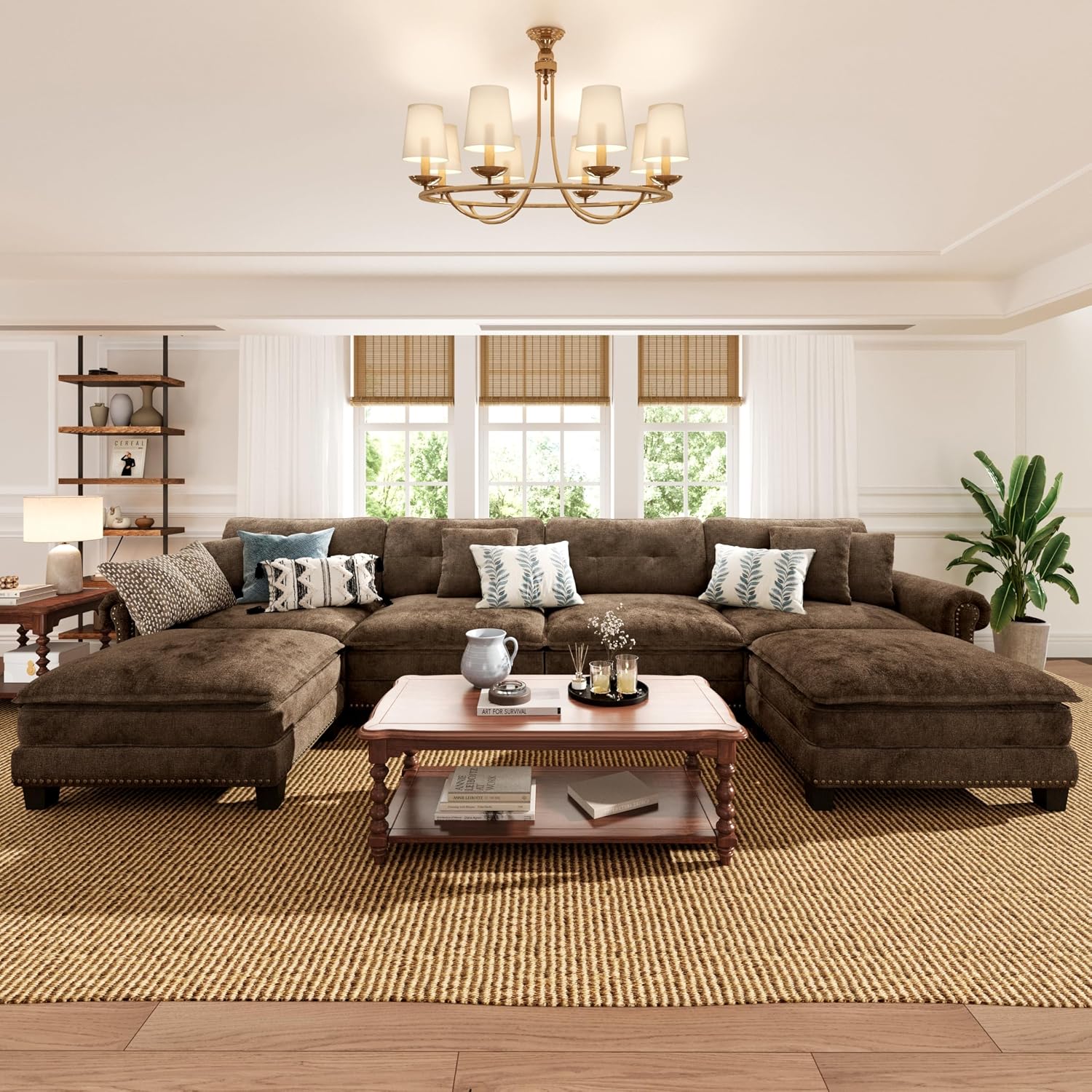PHI VILLA 150" Oversized Modular Sectional Couch U Shaped for Living Room | Mid-Century Modern 6-Seater Cloud Sofa, Grayish Brown, Rolled Arms & Nailhead Trim, Wider & Deeper Seats, Ottoman, Chenille