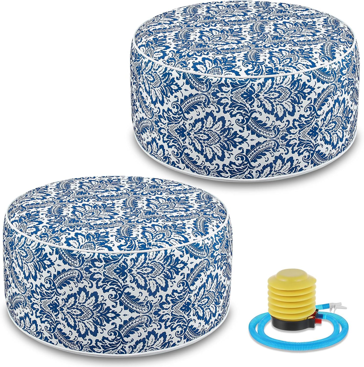 Cinnvoice 2 Pcs Inflatable Outdoor Ottoman Pouf Waterproof Round Footrest with Handle D21 x H9 Inch Indoor Outdoor Portable Footstool for Patio Garden Camping or Home Pool(Retro)