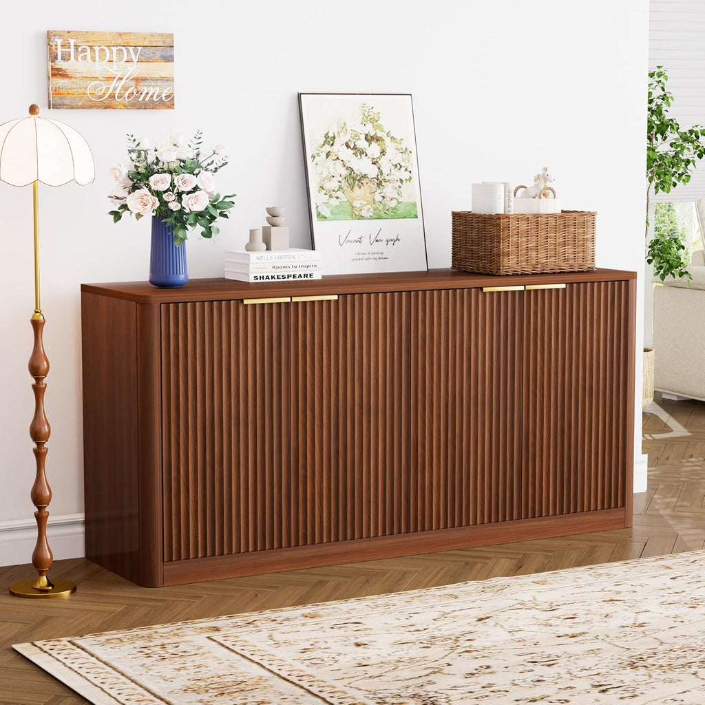 59" Fluted Buffet Sideboard Cabinet with Storage, Wooden 4-Door Sideboard with Adjustable Shelves, Coffee Bar Table for Kitchen, Living Room, Entryway,Walnut