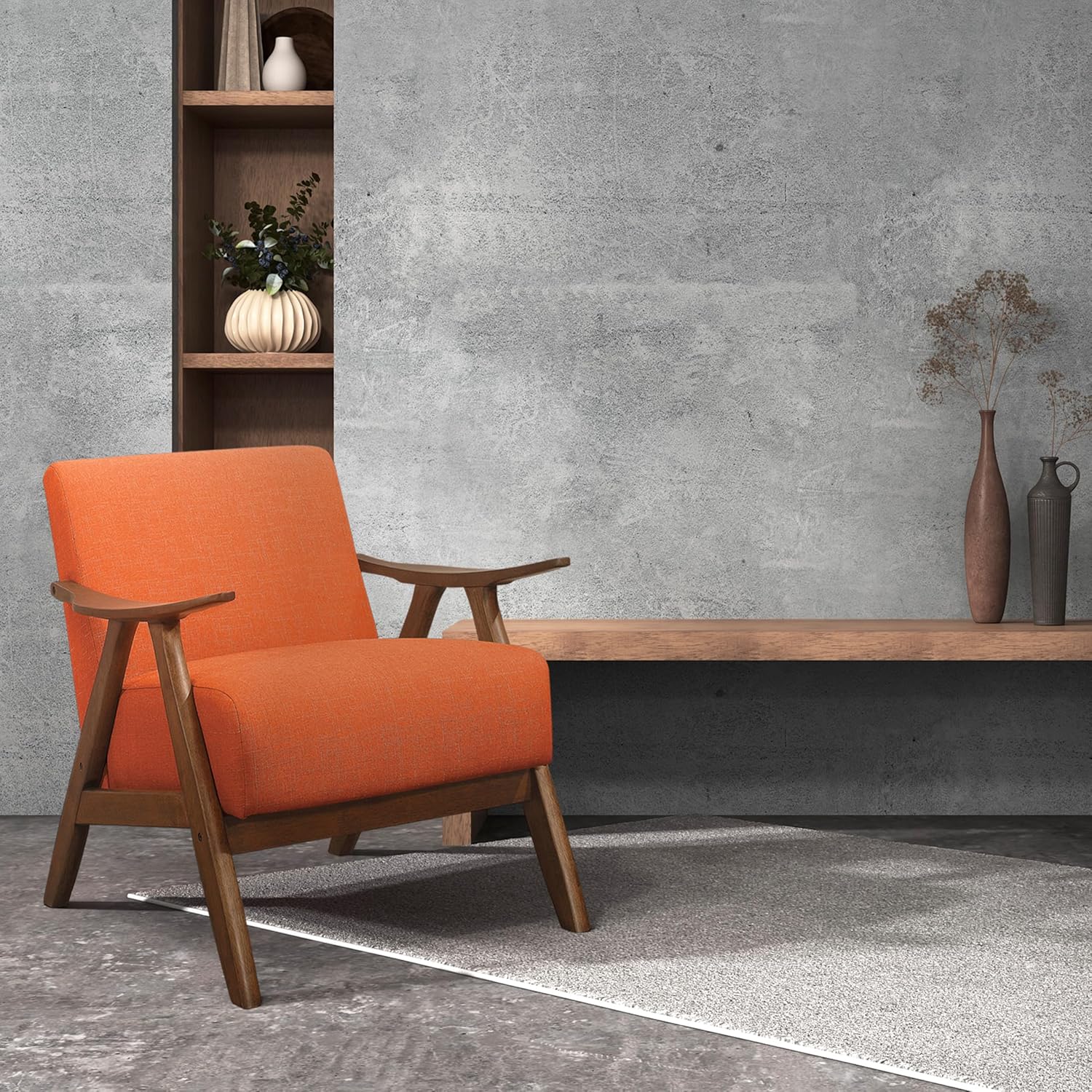 Lexicon Mid Century Modern Accent Chair with Solid Wood Frame in Walnut Finish, Upholstered Living Room Lounge Arm Chair, Thick and Comfy Innerspring Seat Cushion, Linen-Look Fabric, Orange