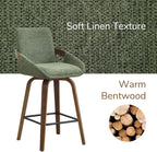 26" Swivel Counter Height Bar Stools Set of 3, Moss Green | Walnut Bentwood Back, Linen-Texture Fabric, Mid-Century Modern Style, 360° Swivel, 350 LBS Weight Capacity