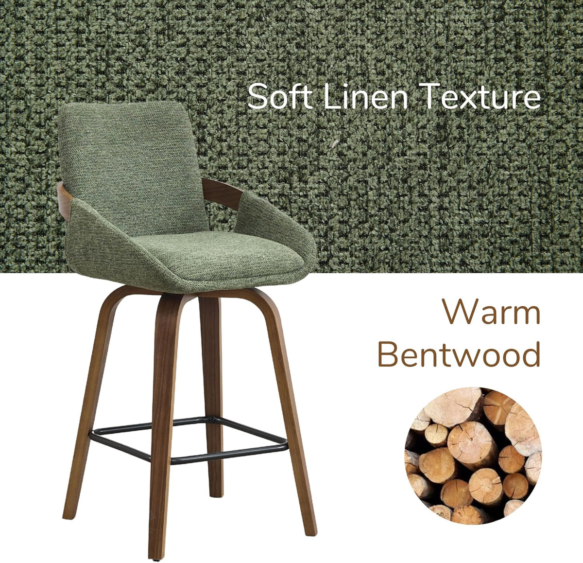 26" Swivel Counter Height Bar Stools Set of 3, Moss Green | Walnut Bentwood Back, Linen-Texture Fabric, Mid-Century Modern Style, 360° Swivel, 350 LBS Weight Capacity