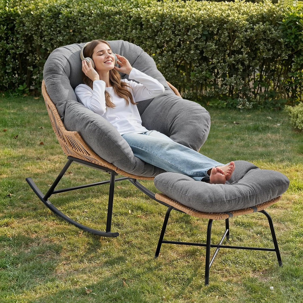 ONBRILL Papasan Rocking Chair with Ottoman,Oversized Papasan Chair with Padded Cushion, Indoor & Outdoor Rocker Chair for Living Room, Patio, Garden, Light Gray