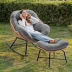 ONBRILL Papasan Rocking Chair with Ottoman,Oversized Papasan Chair with Padded Cushion, Indoor & Outdoor Rocker Chair for Living Room, Patio, Garden, Light Gray