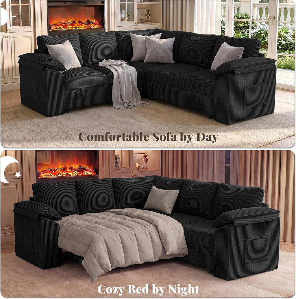 85 In L Shaped Modular Sectional Sofa Couch for Living Room, Black | Pull Out Sleeper Bed, 5 Seat Modular Design, Hidden Storage Space, Soft Corduroy Fabric, Removable Covers, Easy Assembly