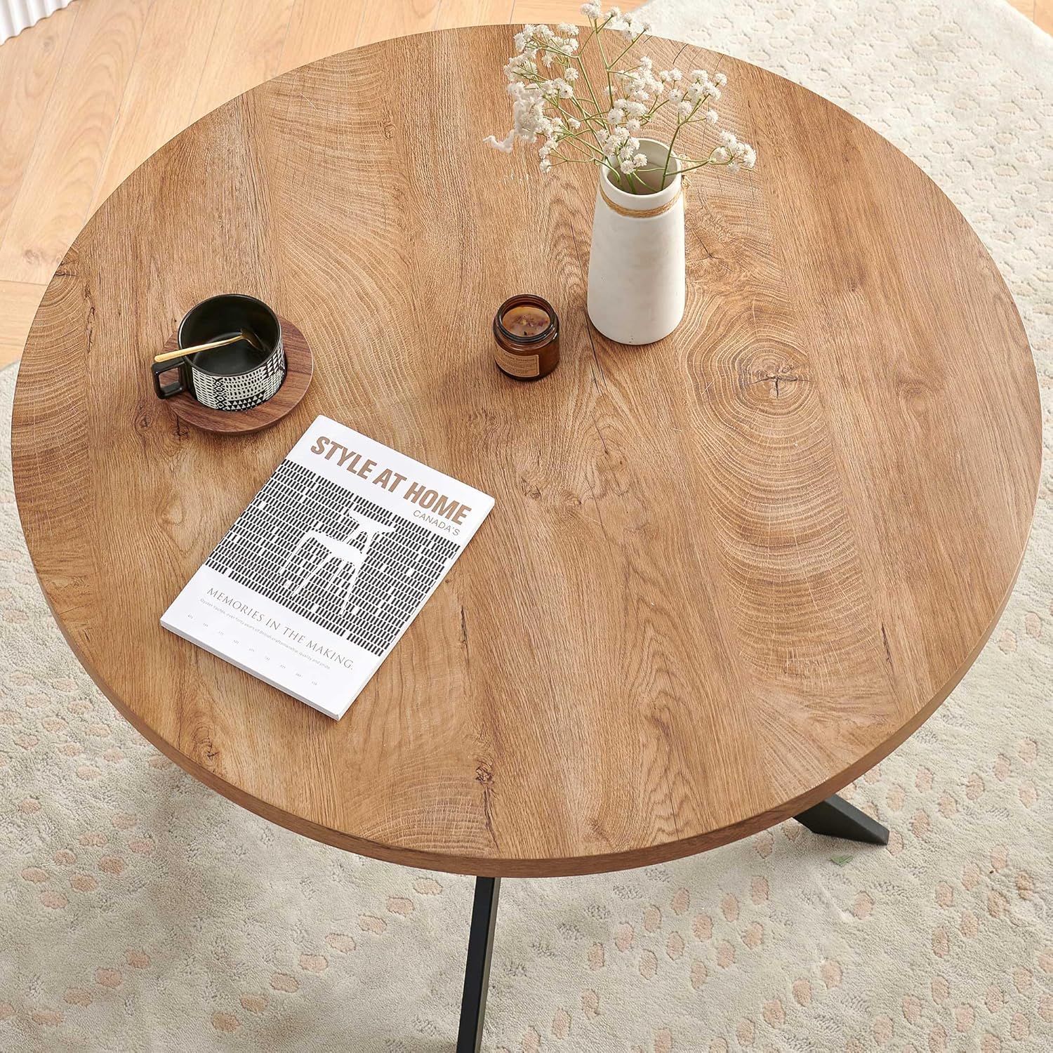 Homedot Kitchen Dining Table Set for 4, Modern Compact Round Dining Breakfast Dinner Table Chairs Set for Apartment Dining Room, Rustic Brown Table with Black Boucle Dining Side Chairs Set