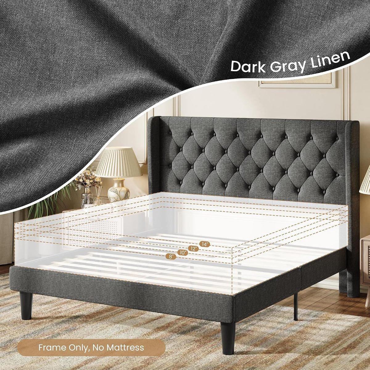SHA CERLIN Queen Upholstered Bed Frame, Button Tufted Design, Dark Grey