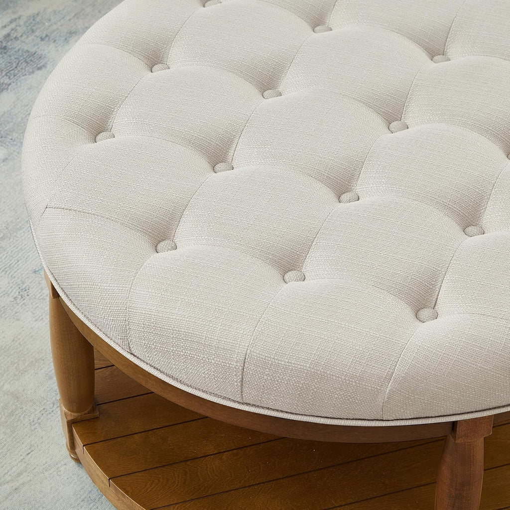RENSGO 32.5" Large Round Upholstered Tufted Linen Ottoman Coffee Table, Large Footrest Ottoman with Wood Shelf Storage- Ivory