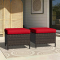 Outdoor Ottomans Set of 2 with Weather-Resistant & Thickened Cushions, PE Rattan Patio Conversation Set for Deck, Porch, Sunroom (Red)