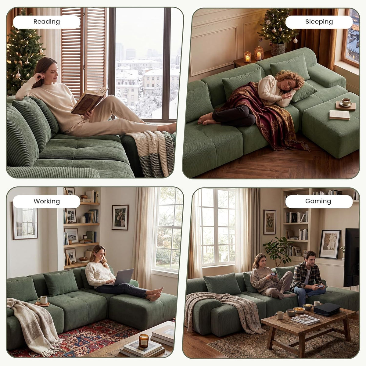 GRUSIGN 108'' Modular Sofa,Sectional Couch for Living Room | Tufted Oversized L Shape Deep Seat Sectional Sofa with Ottoman & 3 Throw Pillows,Corduroy Cloud Couch,Green