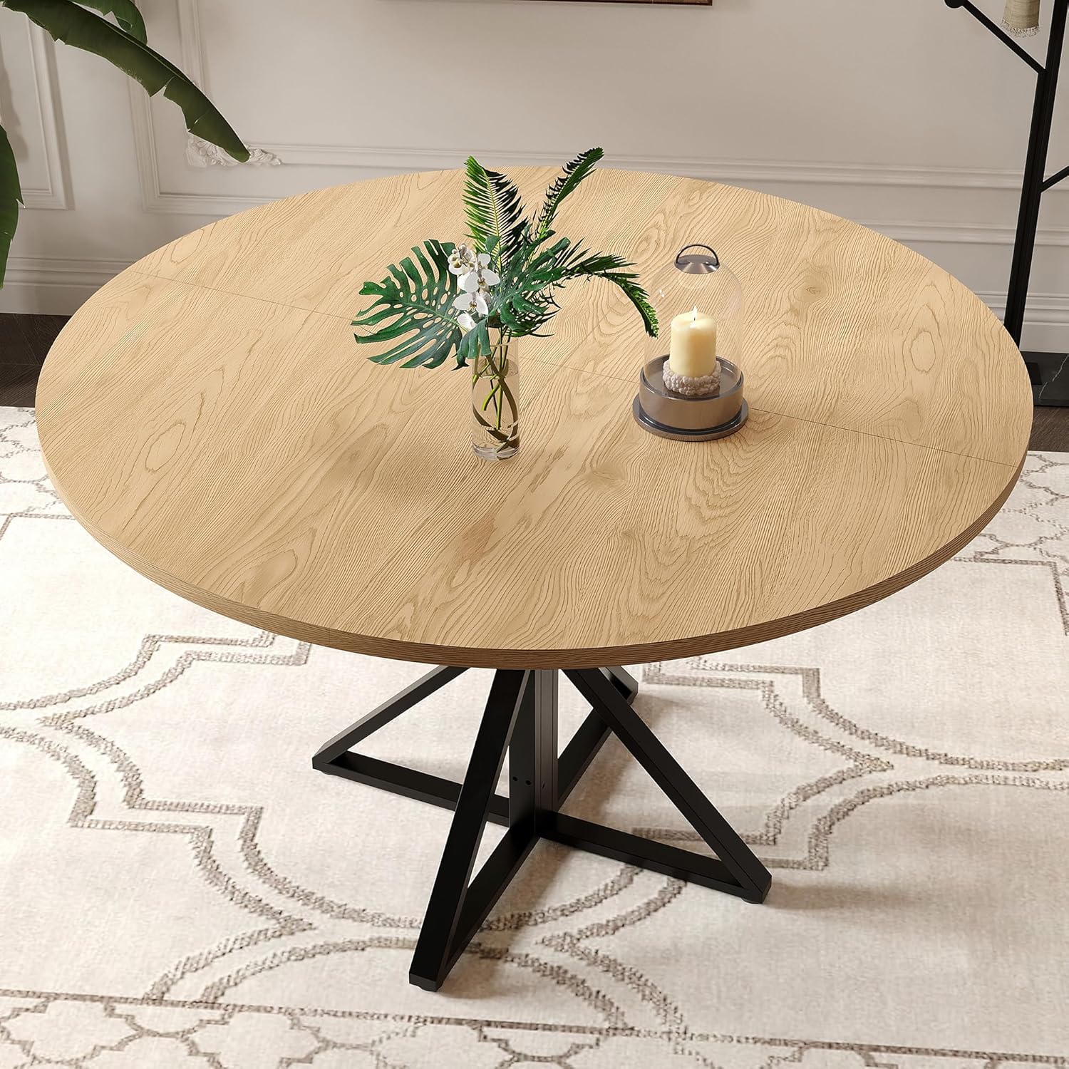 GarveeHome 47 Inch Round Dining Table for 4-6, Circle Kitchen Table with Pedestal Base, Farmhouse Wooden Dining Table for Small Spaces, Kitchen & Dining Room, Living Room-Oak/Only Table