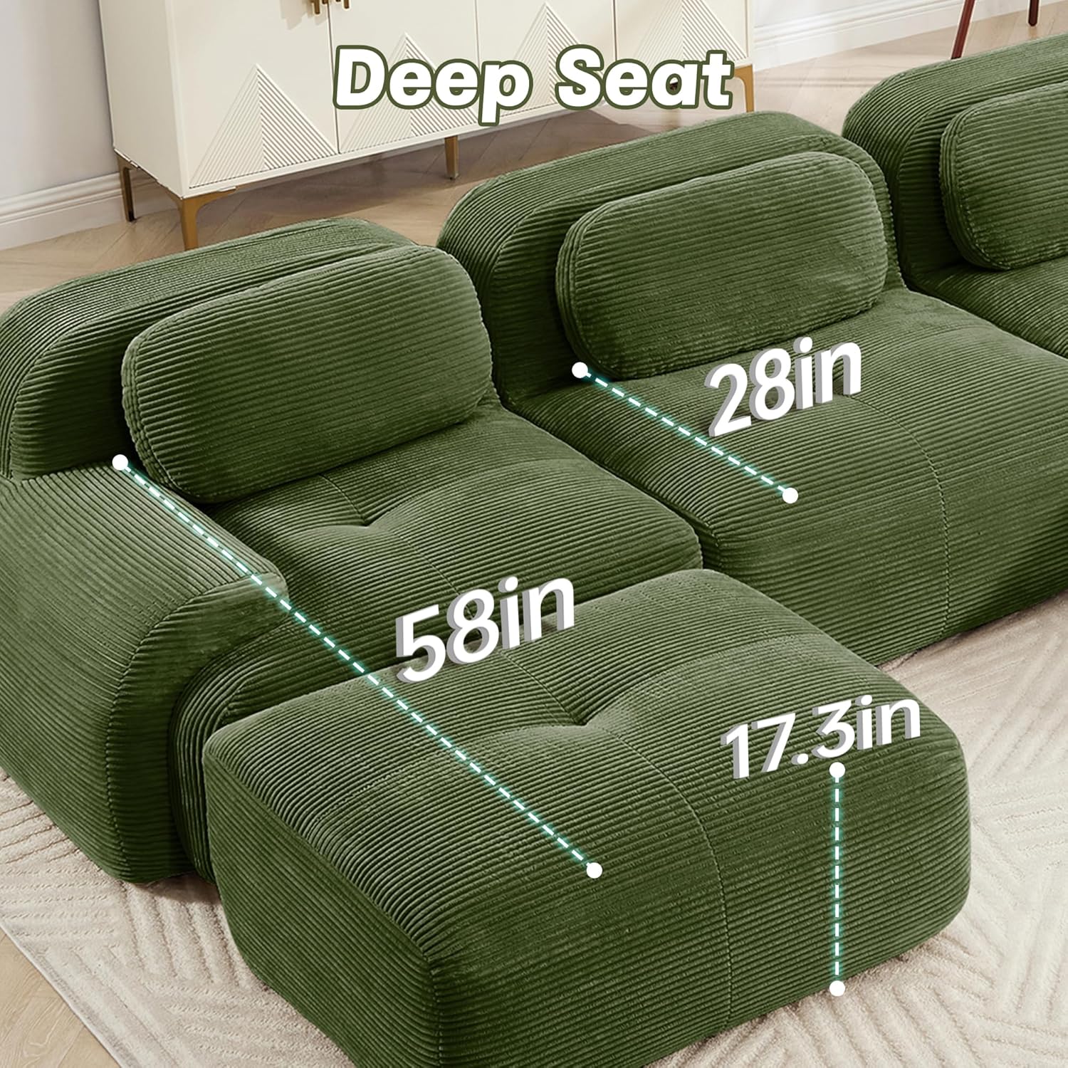 Modular Sectional Sofa Couch, U Shaped Sectional Couches for Living Room, Oversized Cloud Couch with Deep Seat and Ottoman, Comfy Corduroy Upholstery Green Couches, No Assembly(3S+2O)