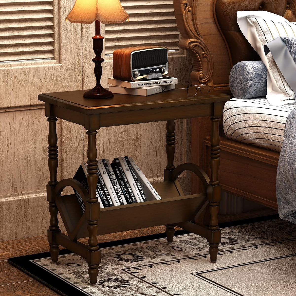 LKTART Wood End Table, Vintage Sofa Side Table with Magazine Rack and Rubberwood Legs, Bedside Table with Birch Wood Veneer Finish for Living Room Bedroom Small Space Home Office, Dark Brown