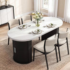 IRONCK 71" Oval Dining Table for 4-8, Modern Farmhouse Dining Table with Hidden Storage & Fluted Base, 1.6" Thick Faux Quartz Top, Dinner Table for Dining Room Kitchen Home Office, Black
