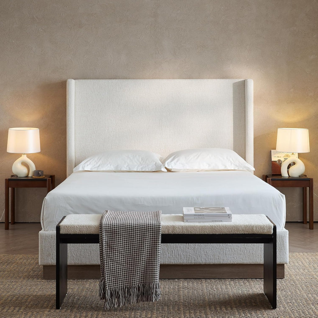 52.5" Extra-Tall Wingback Bed Frame - Luxury Oat Boucle Upholstered Platform Bed with Gray Oak Wood Base, Heavy Duty 1000lbs, No Box Spring Needed, Noise-Free Design (King)