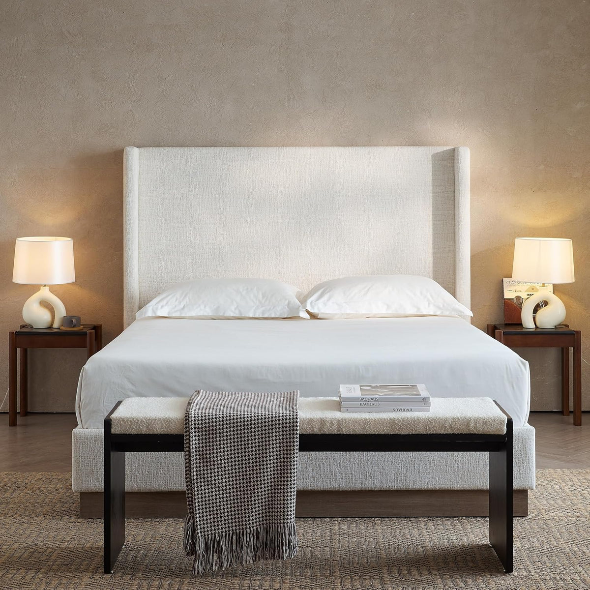 52.5" Extra-Tall Wingback Bed Frame - Luxury Oat Boucle Upholstered Platform Bed with Gray Oak Wood Base, Heavy Duty 1000lbs, No Box Spring Needed, Noise-Free Design (King)
