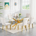 60" Modern Gold Glass Dining Room Table Set for 6, 7-Piece Rectangle Kitchen Dining Table Set with Cross Chrome Metal Legs & 6 Beige Velvet Upholstered Chairs, Kitchen Table and Chairs Set