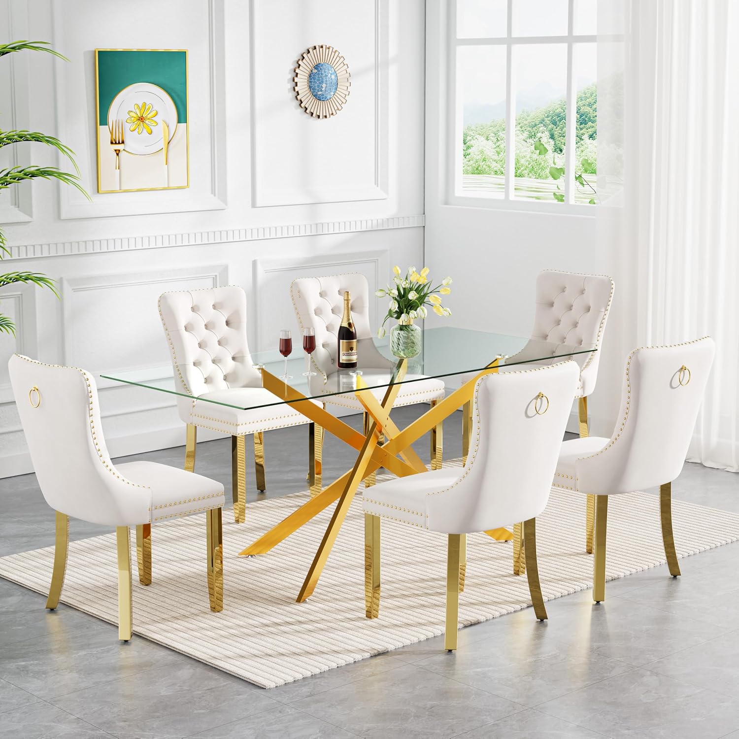 SSLine 61" Glass Dining Table Set for 6,Modern 7 Pieces Kitchen Table and Chairs Set w/Gold Tempered Glass Tabletop and 6 Velvet Chairs for Kitchen Apartment