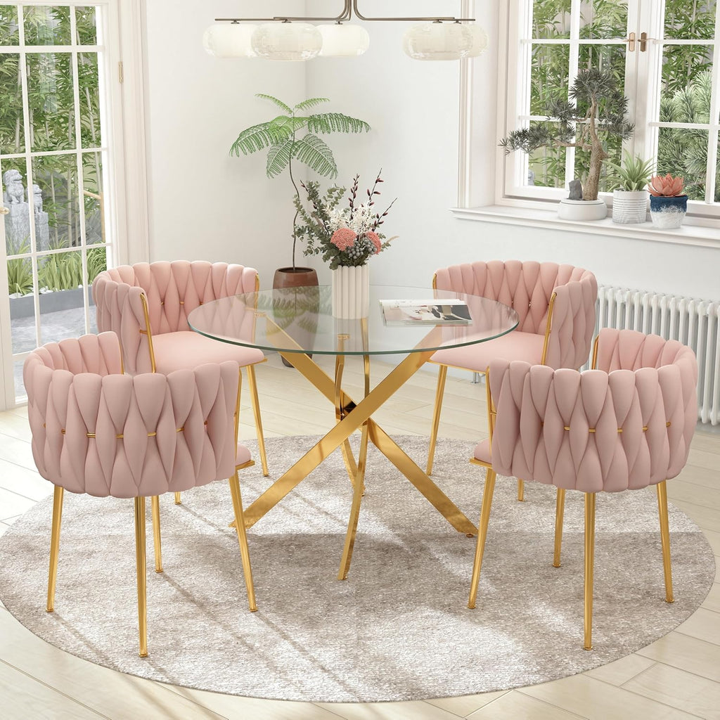 Gold Luxury Round Glass Dining Table Set for 4, 5 Pcs Clear Circle Glass Top Dinner Room Set, 36'' Modern Minimalist Circular Kitchen Table Set, Pink Woven Chair, for Small Place Apartment