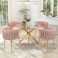 Gold Luxury Round Glass Dining Table Set for 4, 5 Pcs Clear Circle Glass Top Dinner Room Set, 36'' Modern Minimalist Circular Kitchen Table Set, Pink Woven Chair, for Small Place Apartment