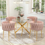 Gold Luxury Round Glass Dining Table Set for 4, 5 Pcs Clear Circle Glass Top Dinner Room Set, 36'' Modern Minimalist Circular Kitchen Table Set, Pink Woven Chair, for Small Place Apartment