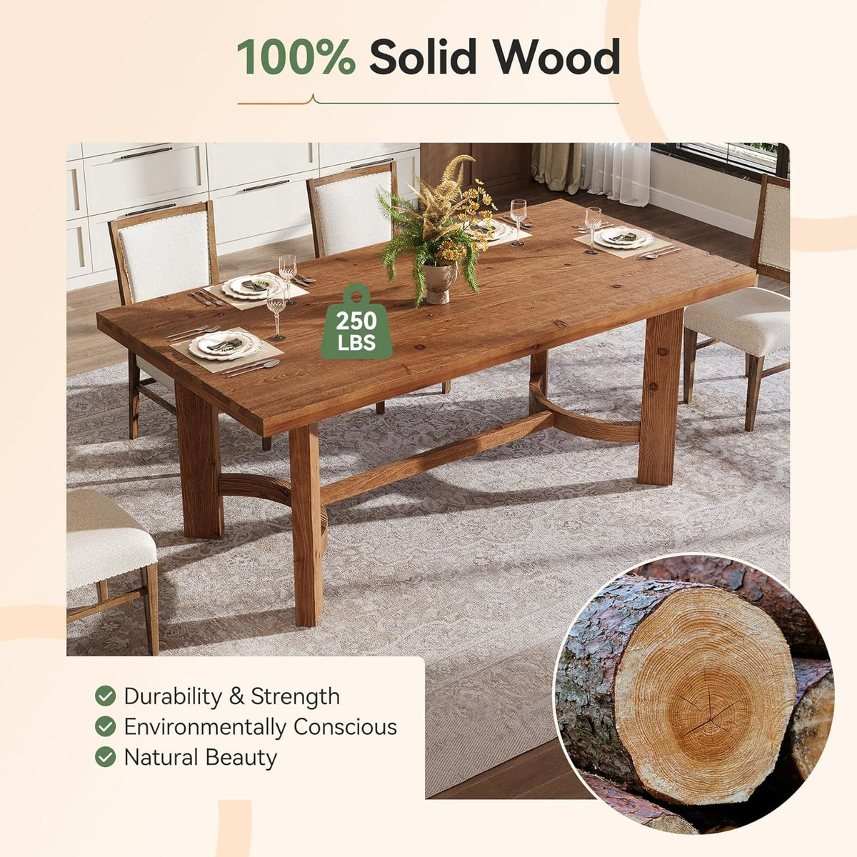 63" Solid Wood Dining Table for 4-6, Farmhouse Rectangle Kitchen Table with Thicken Tabletop and Sturdy Construction, Modern Wooden Dinner Table for Dining Room, Kitchen, Walnut
