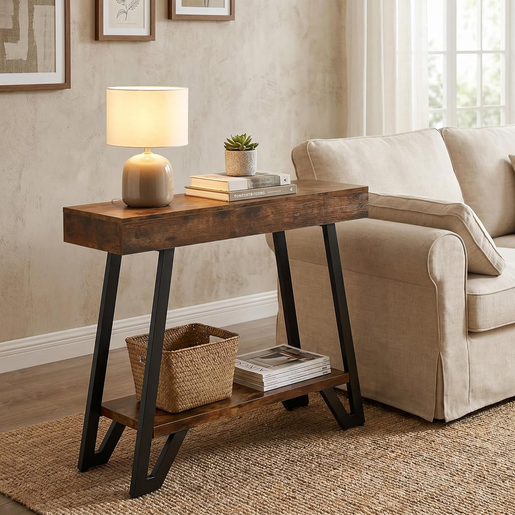 LITTLE TREE 41-Inch Console Table with Geometric Metal Frame, Rustic Brown, Entryway Tables, Storage Shelves, 2-Tier, Industrial, Hallway Sofa Table, Accent Table, Living Room