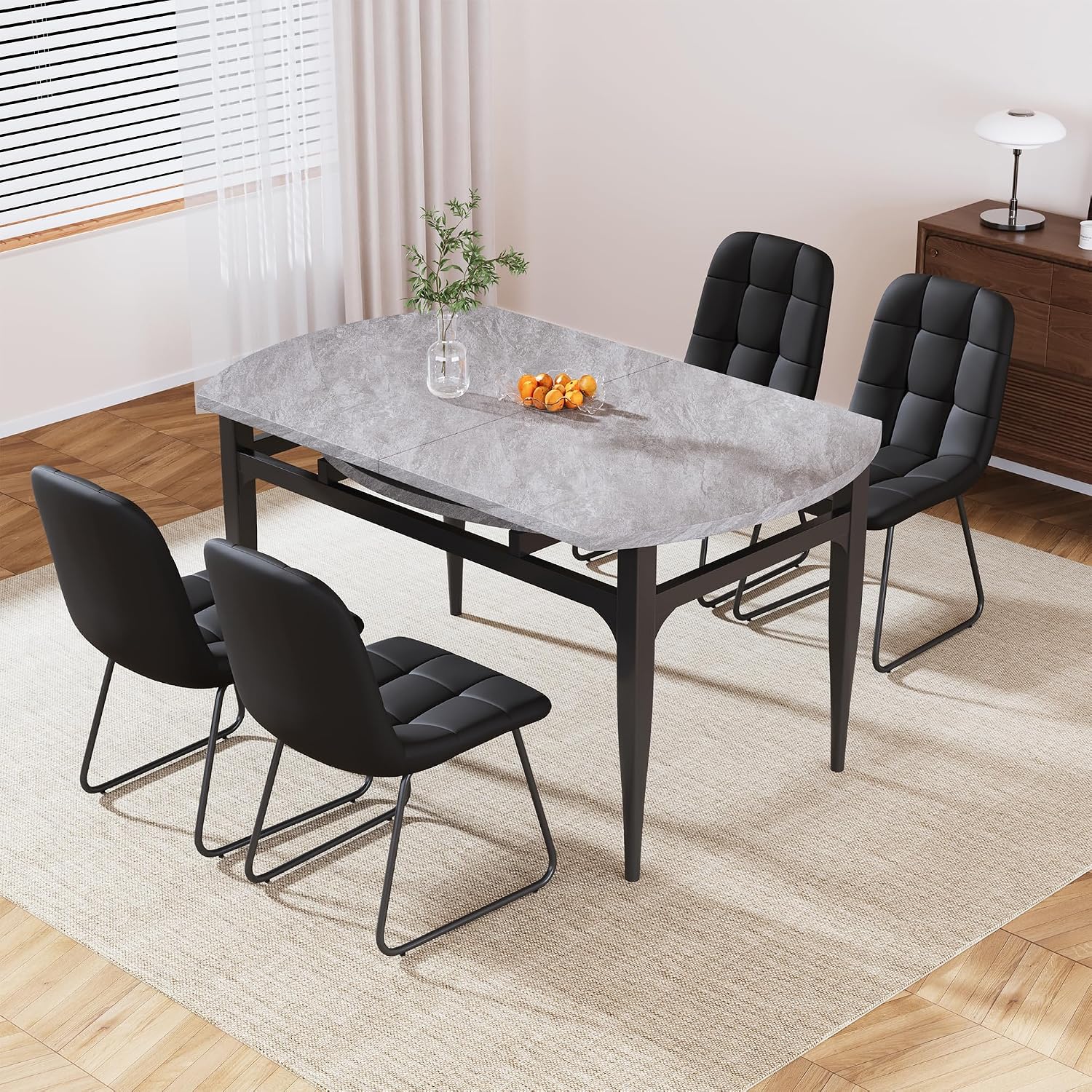 HIPIHOM Expandable Folding Dining Table Set, 55-Inch Round to Square Table with 6 Upholstered Chairs, Metal Frame, for Dining Room or Apartment (Round Table + 6 Black Modern Dining Chairs)