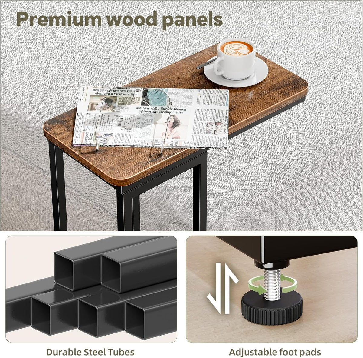 Simple Trending C Shaped Side Table, End Table Set of 2, Sofa Couch Table TV Tray for Living Room, Small Space, Rustic Brown