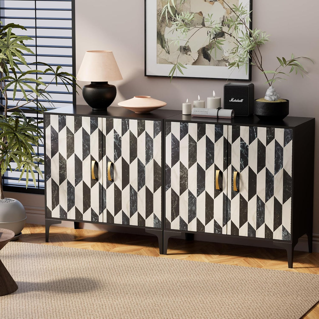 Anbuy Faux Marble Doors Sideboard Buffet Cabinbet with Storage Dining Room Buffet Cupboard Console Table Hallway, Liquor/Accent Cabinet/Geometric Cabinet, 30.7 X 15.75X 31.5 Inches(Black)