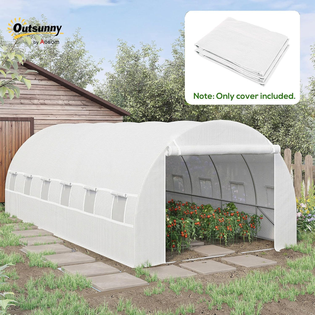Outsunny 19.7' x 9.8' x 6.6' Plastic Greenhouse Cover Replacement, Heavy Duty Waterproof Tarp for Hoop House, Sheeting with 12 Windows, Door & Reinforcement Grid, White